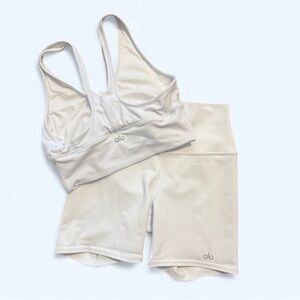 ALO Yoga White Ruched Sports Bra and Shorts Set